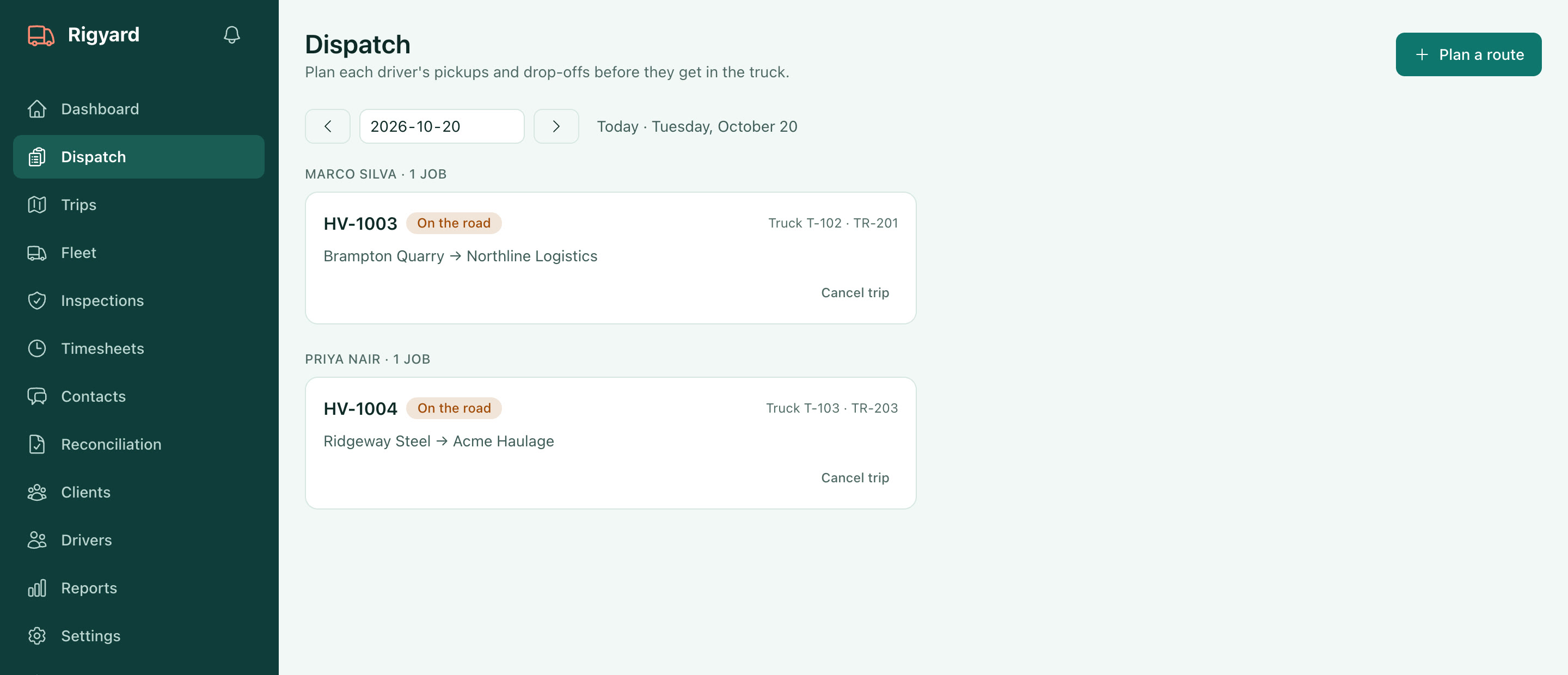 The Dispatch board: each driver's jobs for the day, with truck, trailer and status.