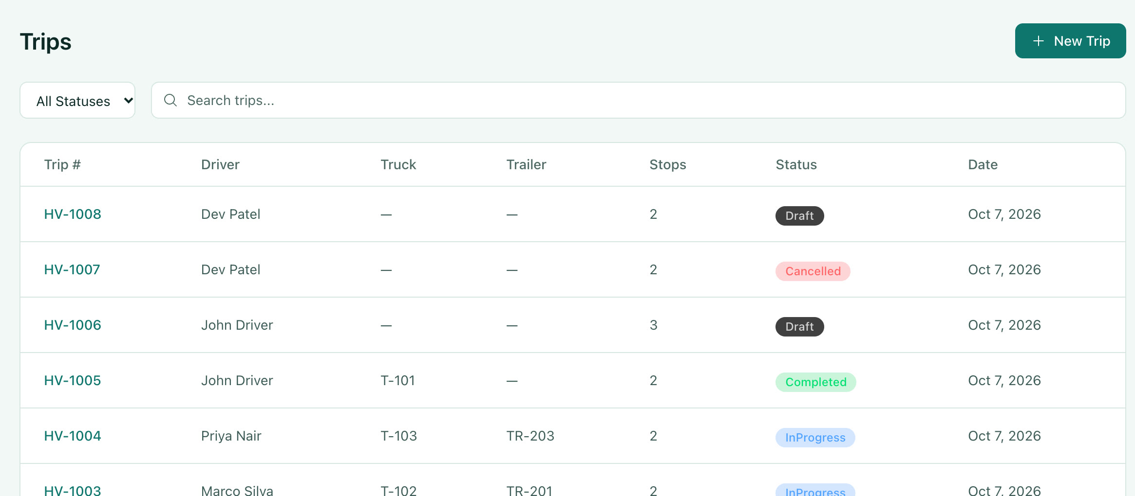 The Trips list: trip numbers, drivers, trucks, trailers, stops and status.